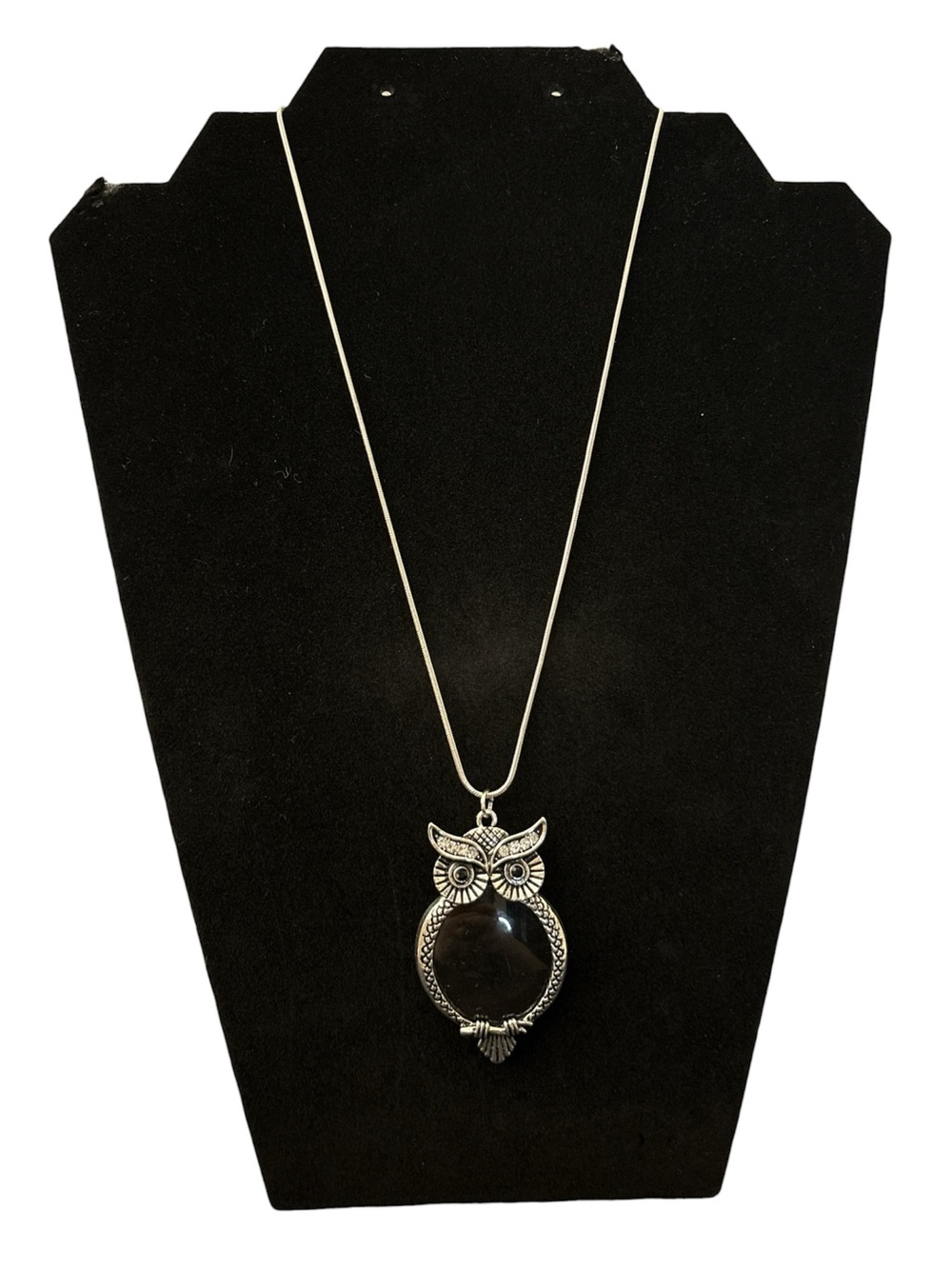 Hand Crafted Silver Owl Pendant Necklace with Magnifying Glass & Slide Closure